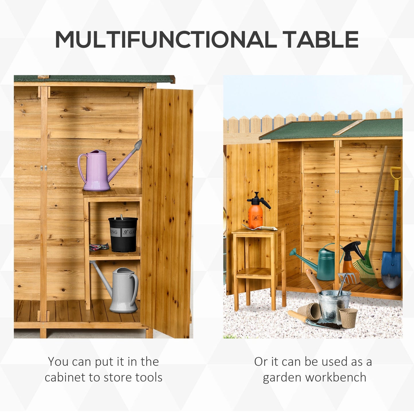 Outsunny Garden Wood Storage Shed w/ Flexible Table, Hooks and Ground Nails, Multifunction Lockable Sheds & Outdoor Asphalt Roof Tool Organizer, Grey