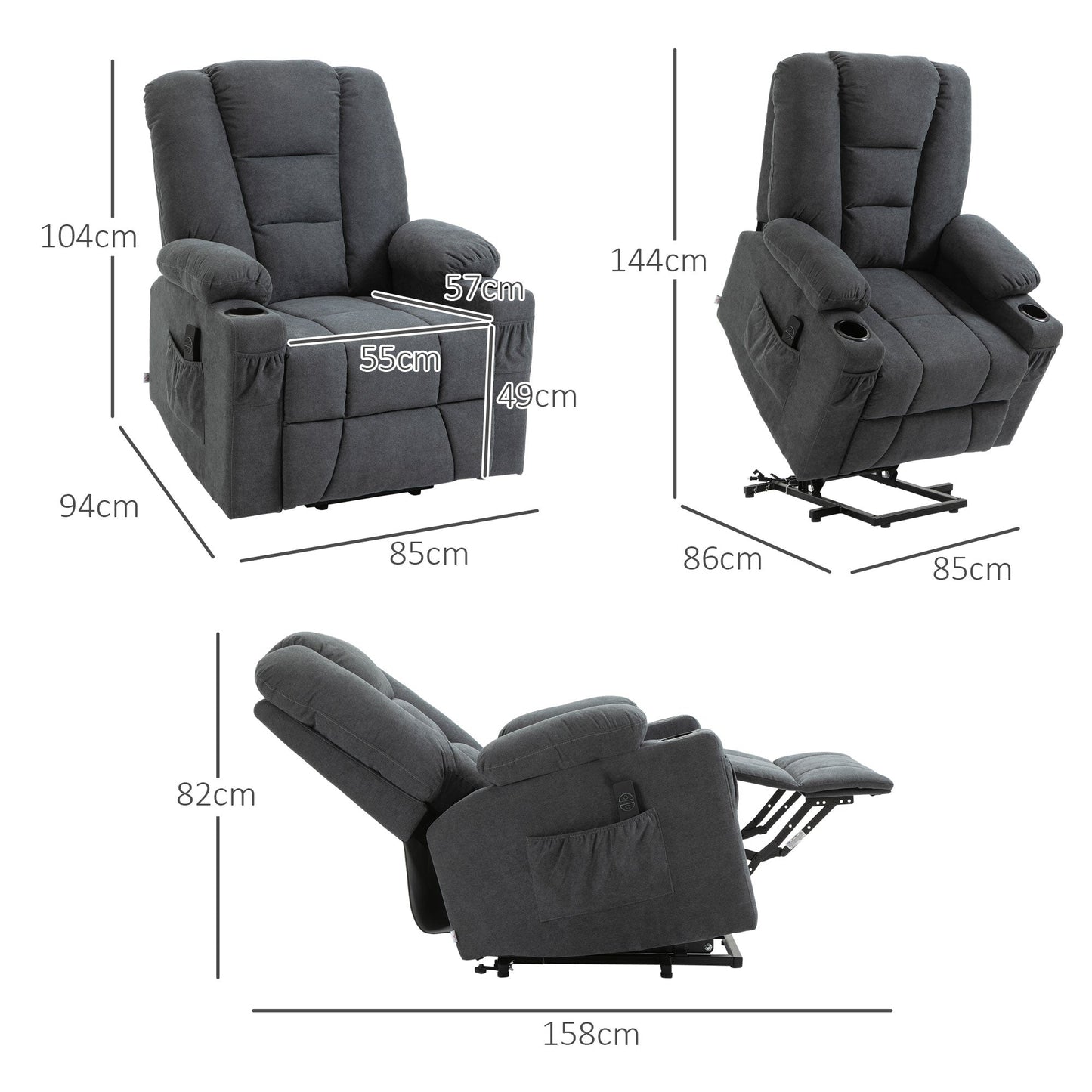 HOMCOM Electric Riser Recliner Armchairi1/4OE Oversized Chair with Cup Holder & Side Pockets for Elderly in Living Room, Charcoal Grey