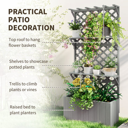 Outsunny 52L Wooden Planter, with Trellis and Shelves - Grey