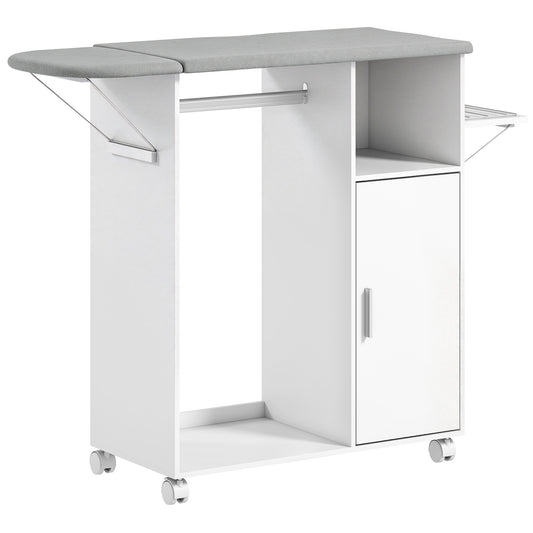 HOMCOM Rolling Ironing Board Cabinet, Foldable Ironing Station with Storage, Wheels for Home, Laundry Room, White