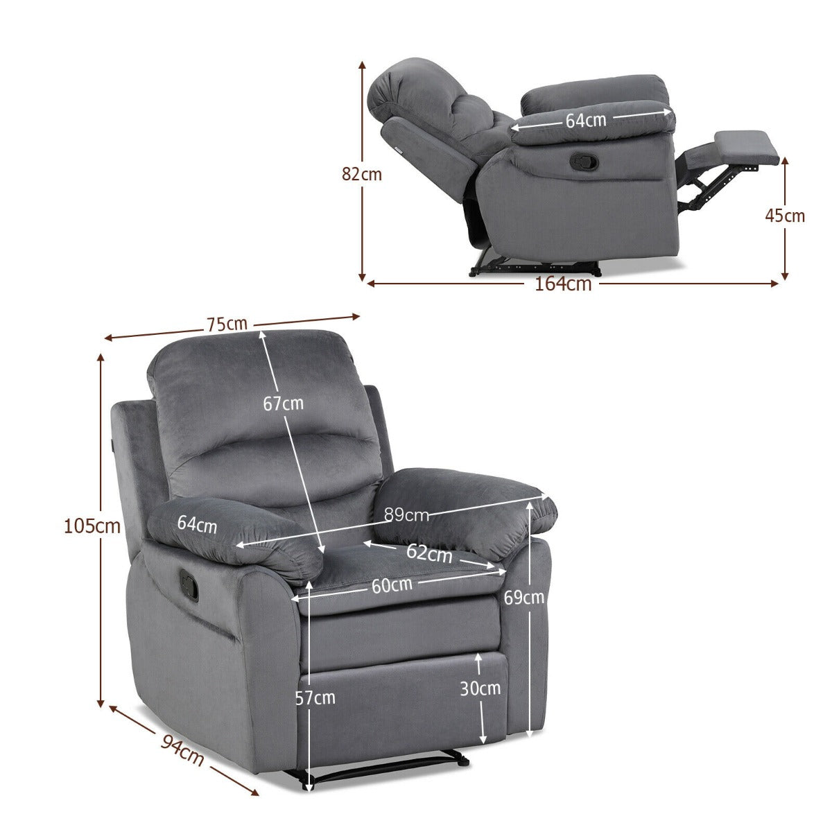 Recliner Armchair with Reclining Function and Adjustable Leg Rest-Grey