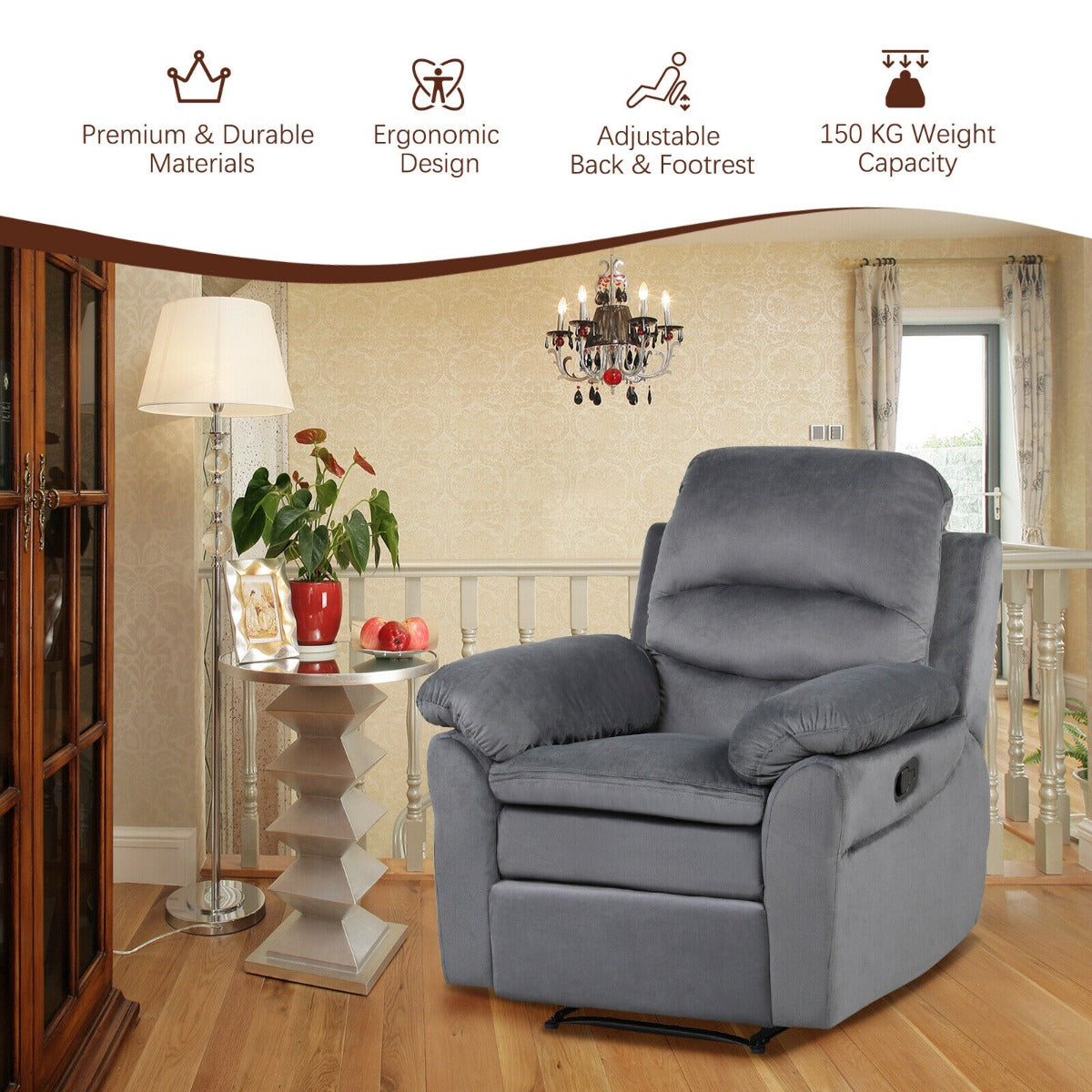 Recliner Armchair with Reclining Function and Adjustable Leg Rest-Grey