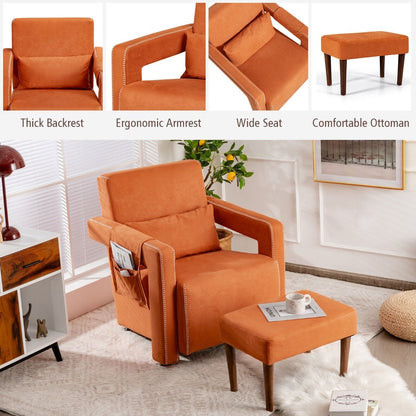 Upholstered Padded Accent Chair with Footstool and Lumbar Pillow-Orange