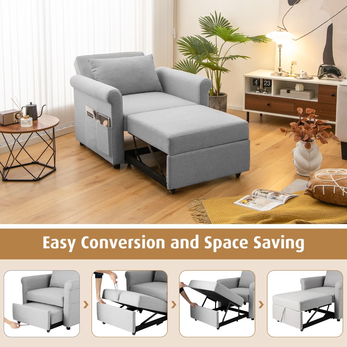 3-in-1 Convertible Sofa Bed with Pillow-Grey