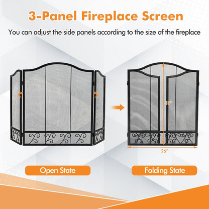 3 Pieces Folding Wide Metal Mesh Fire Panel or Wood and Coal Firing-A