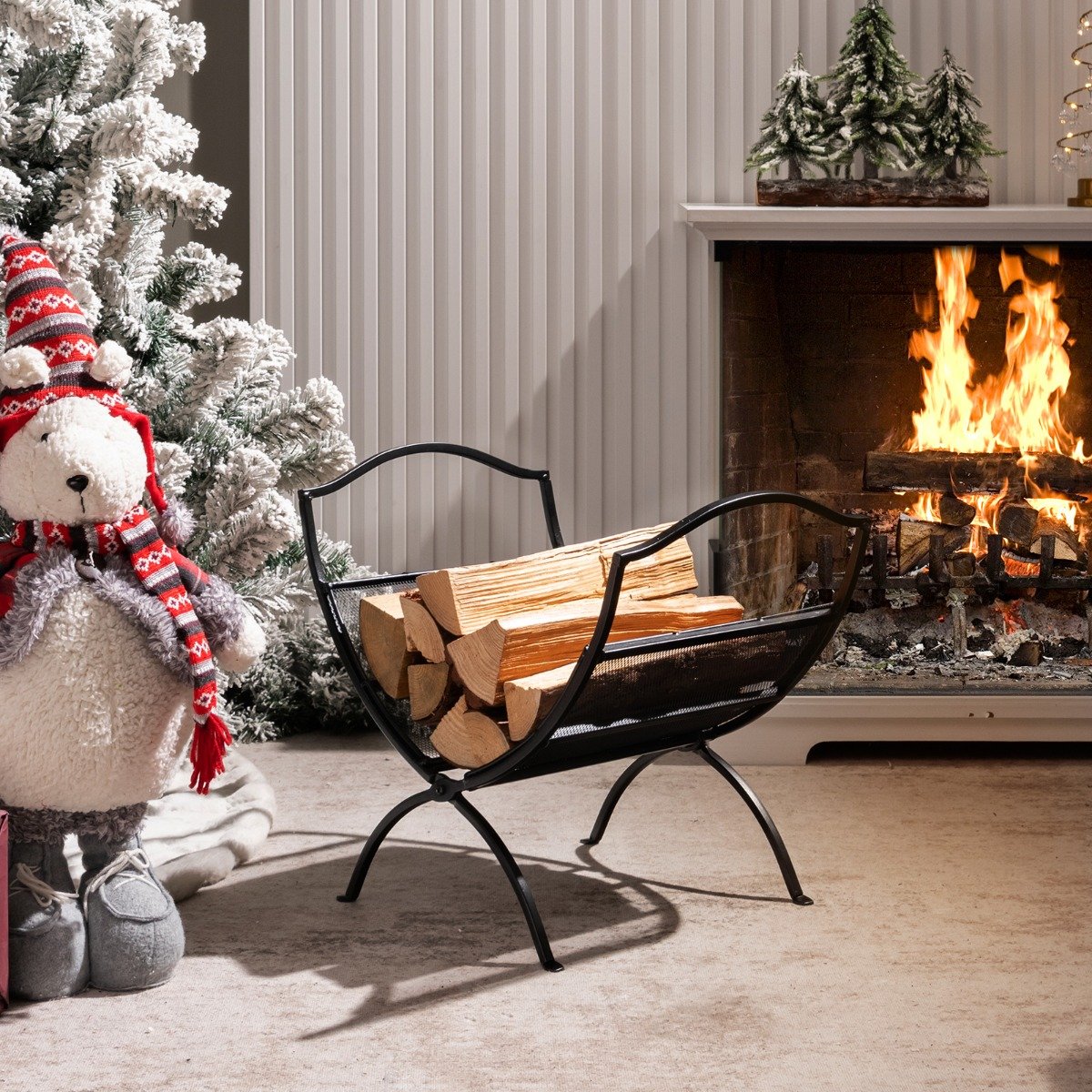 Portable Fireplace Log Rack with Convenient Handle-Black