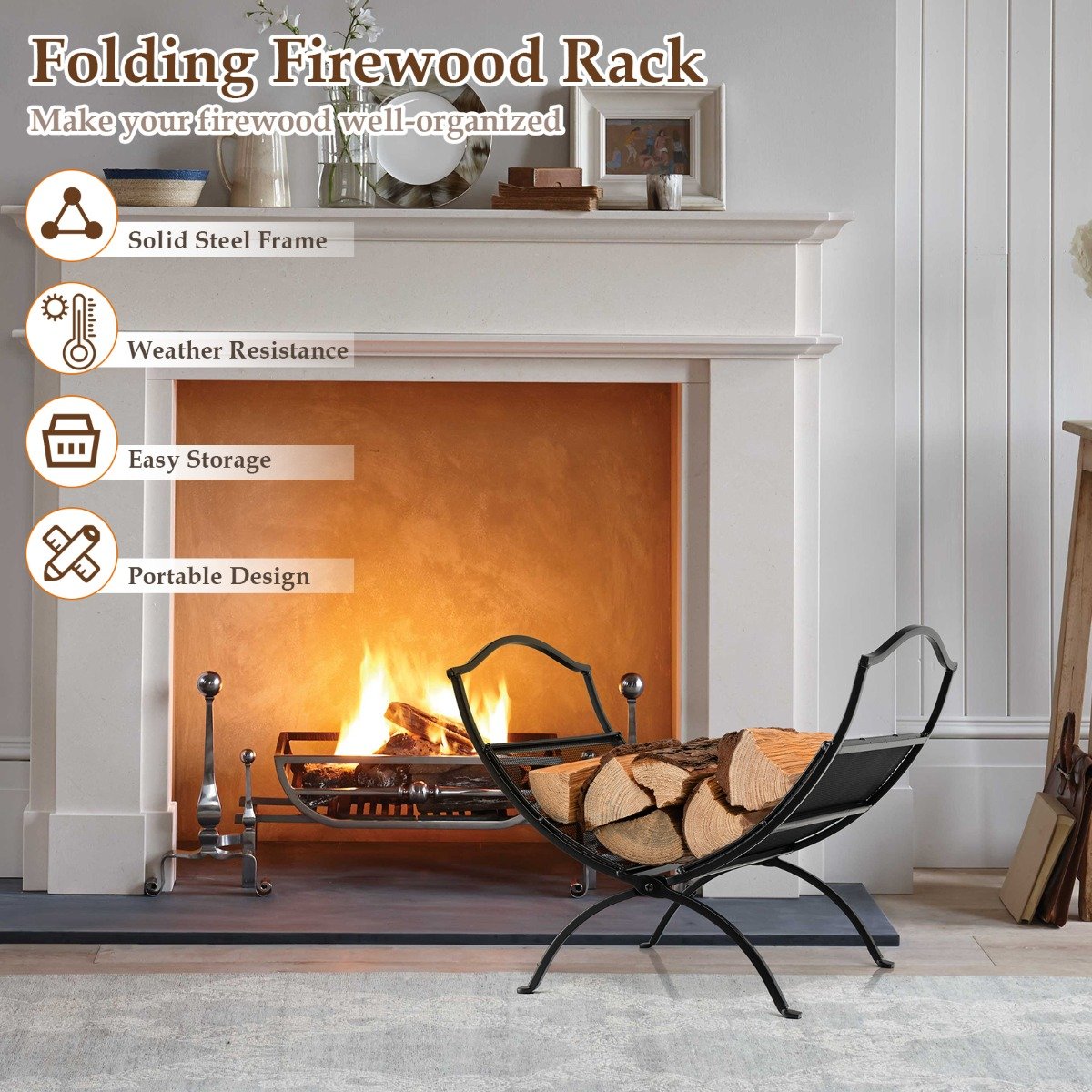 Portable Fireplace Log Rack with Convenient Handle-Black