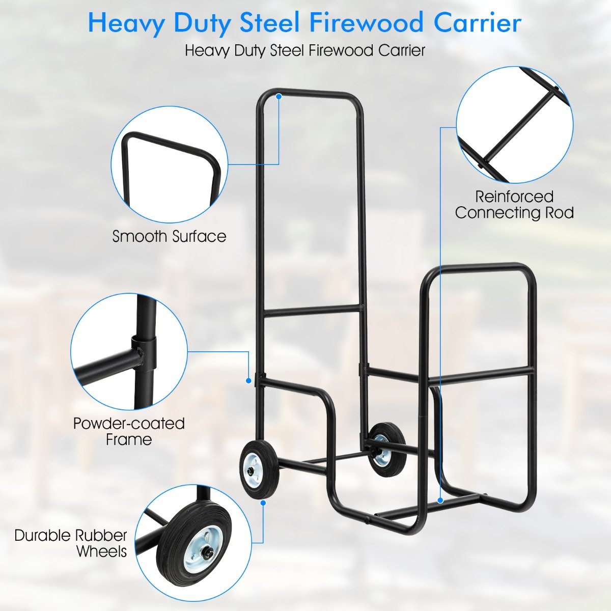 Rolling Fireplace Log Holder Carrier with Rubber Wheels and Convenient Handle