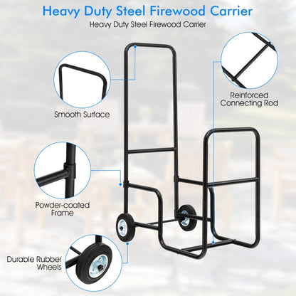 Rolling Fireplace Log Holder Carrier with Rubber Wheels and Convenient Handle