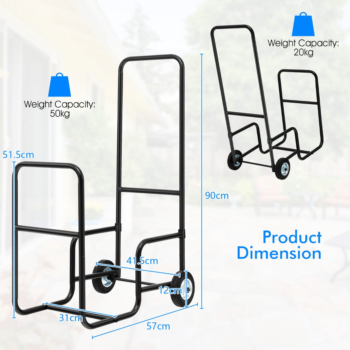 Rolling Fireplace Log Holder Carrier with Rubber Wheels and Convenient Handle