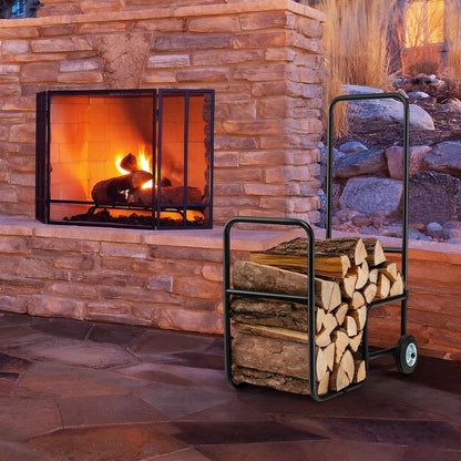 Rolling Fireplace Log Holder Carrier with Rubber Wheels and Convenient Handle