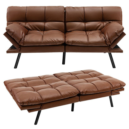 2 Seater Convertible Sofa Bed with Reclining Backrest-Brown