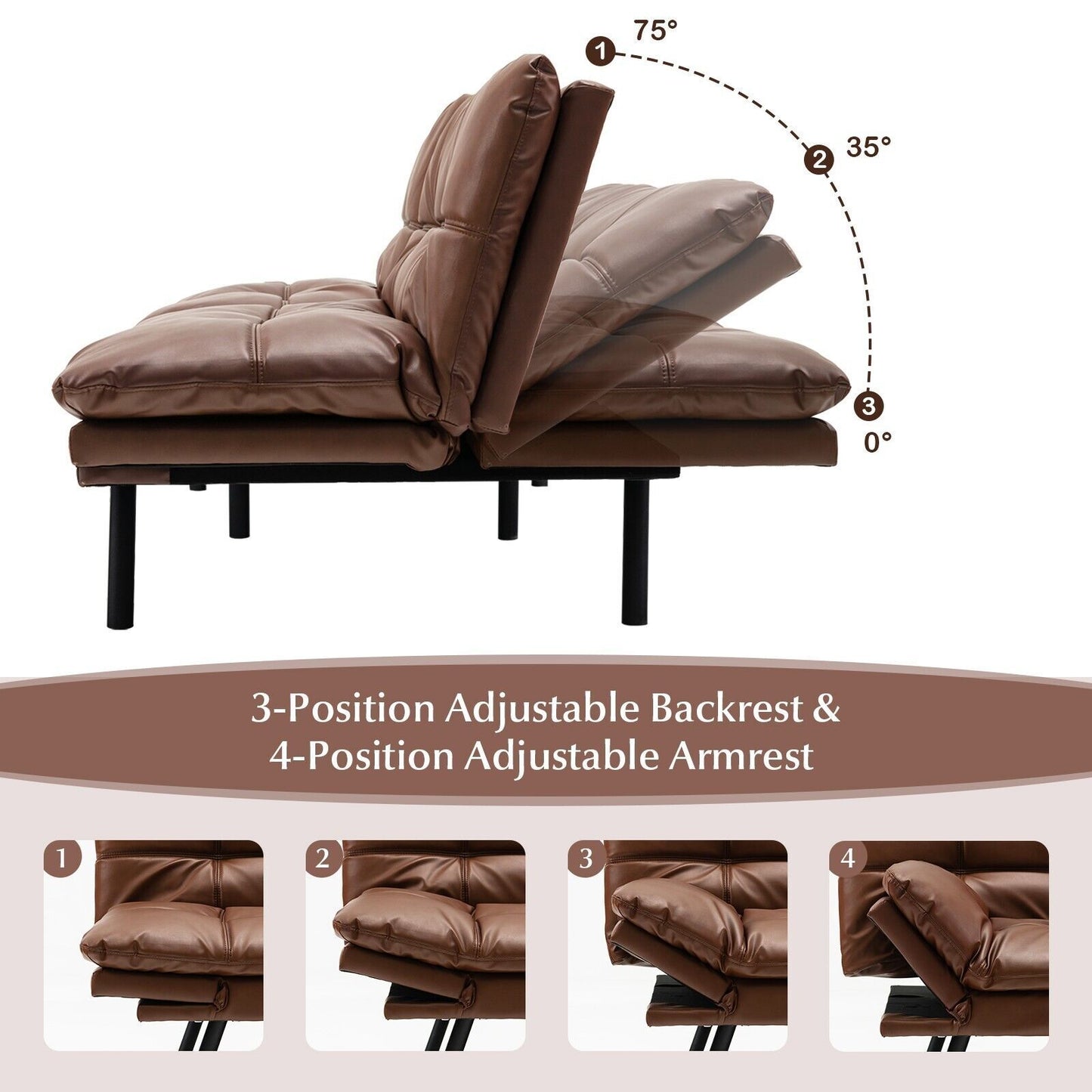 2 Seater Convertible Sofa Bed with Reclining Backrest-Brown