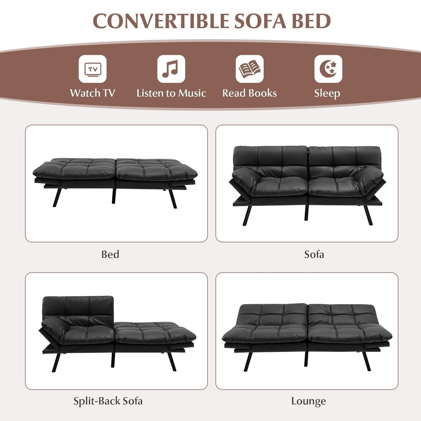 2 Seater Convertible Sofa Bed with Reclining Backrest-Black