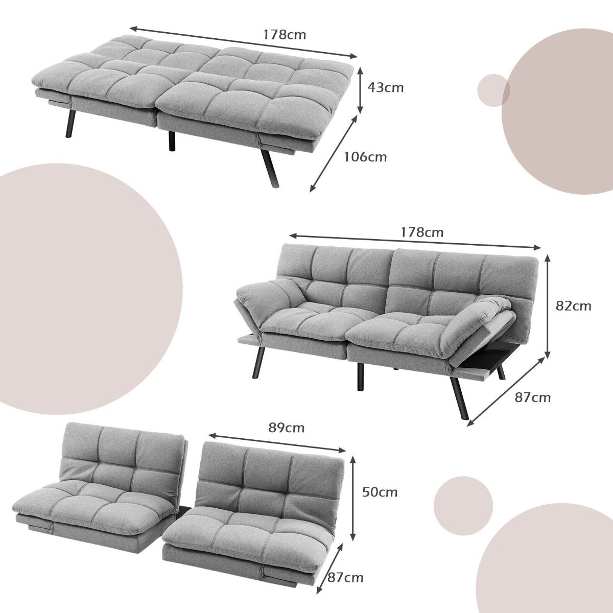 2 Seater Convertible Sofa Bed with Reclining Backrest Grey