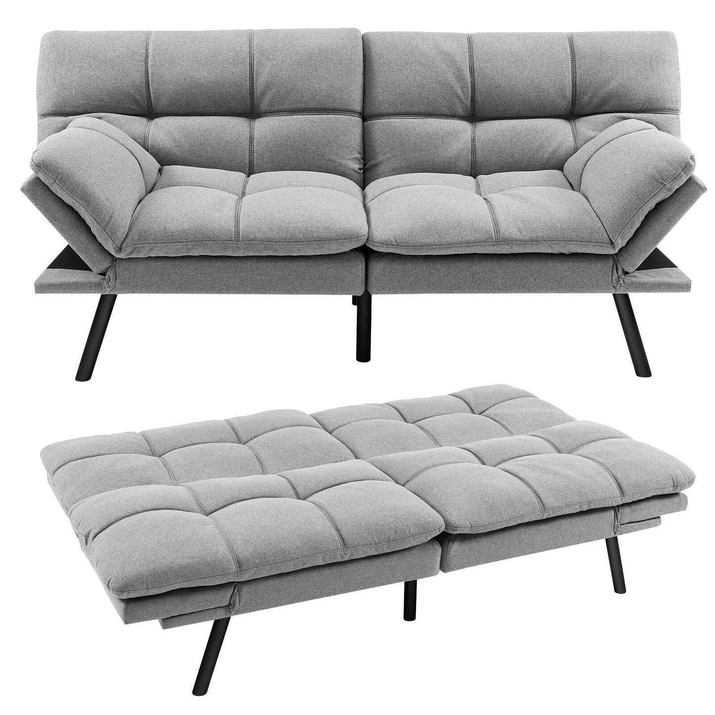 2 Seater Convertible Sofa Bed with Reclining Backrest Grey