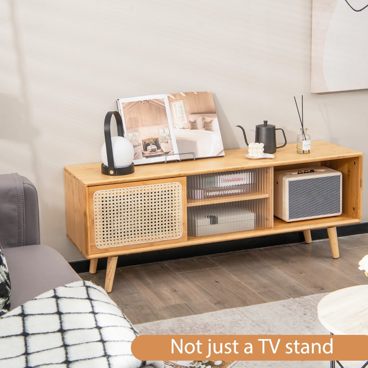 Bamboo Entertainment Center with Rattan and Tempered Glass Sliding Doors-Natural