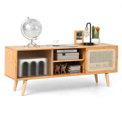 Bamboo Entertainment Center with Rattan and Tempered Glass Sliding Doors-Natural