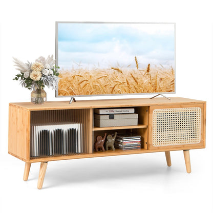 Bamboo Entertainment Center with Rattan and Tempered Glass Sliding Doors-Natural