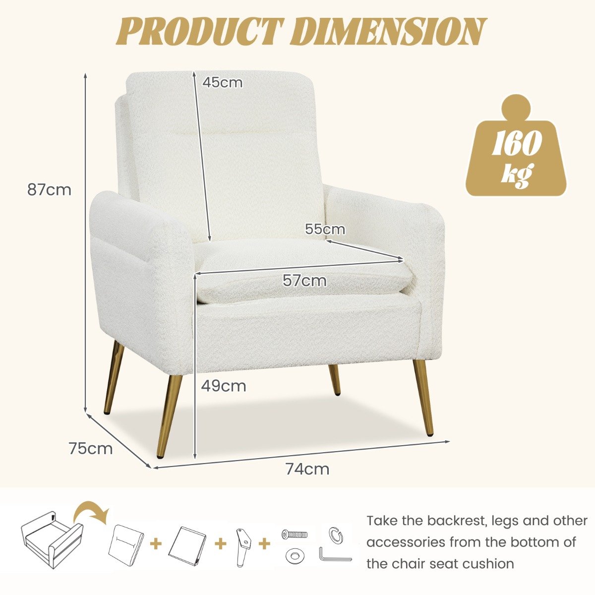 Upholstered Sherpa Armchair with Tapered Metal Legs-White