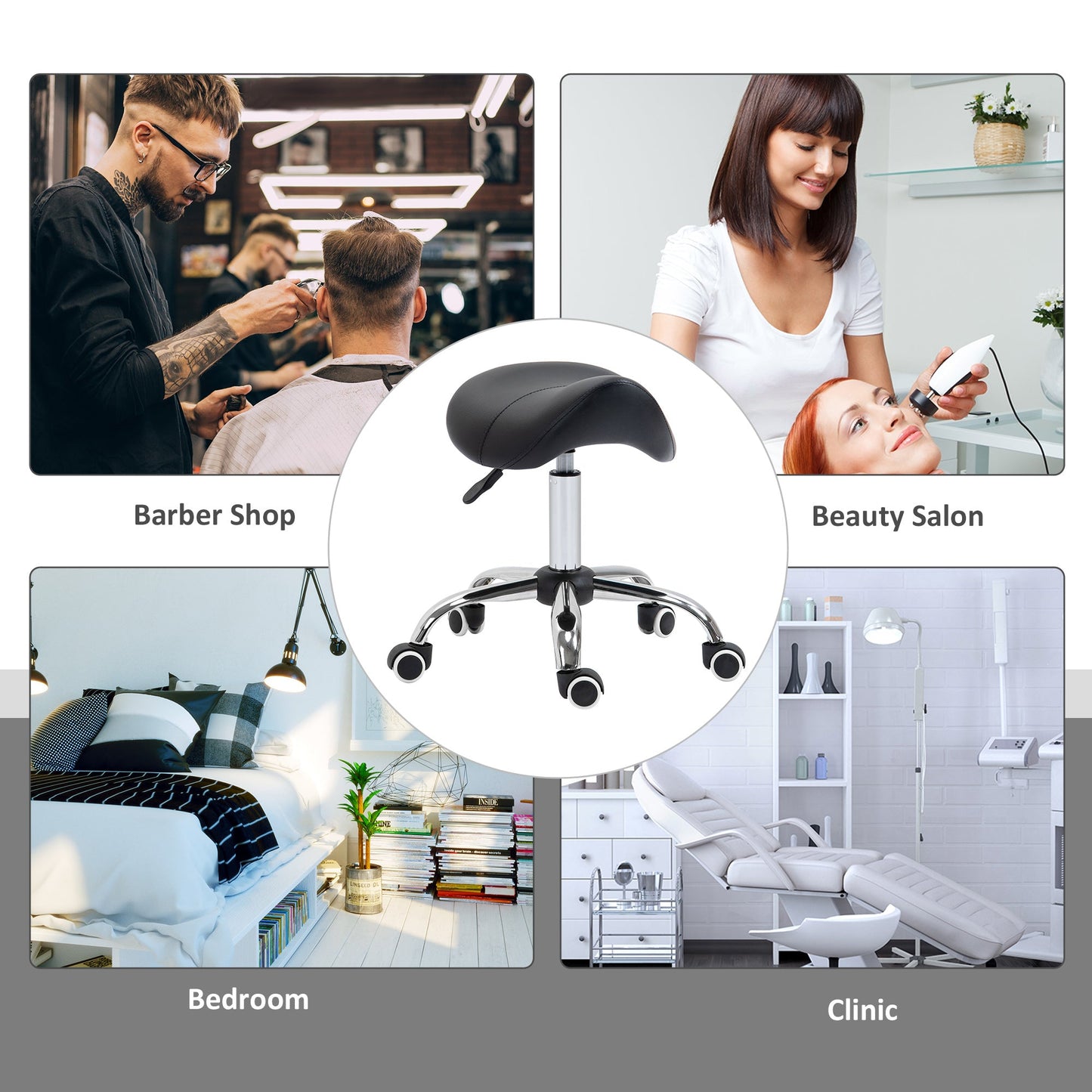 HOMCOM Cosmetic Stool 360 Rotate Height Adjustable Salon Massage Spa Chair Hydraulic Rolling Faux Leather Saddle Stool Mobility, Black