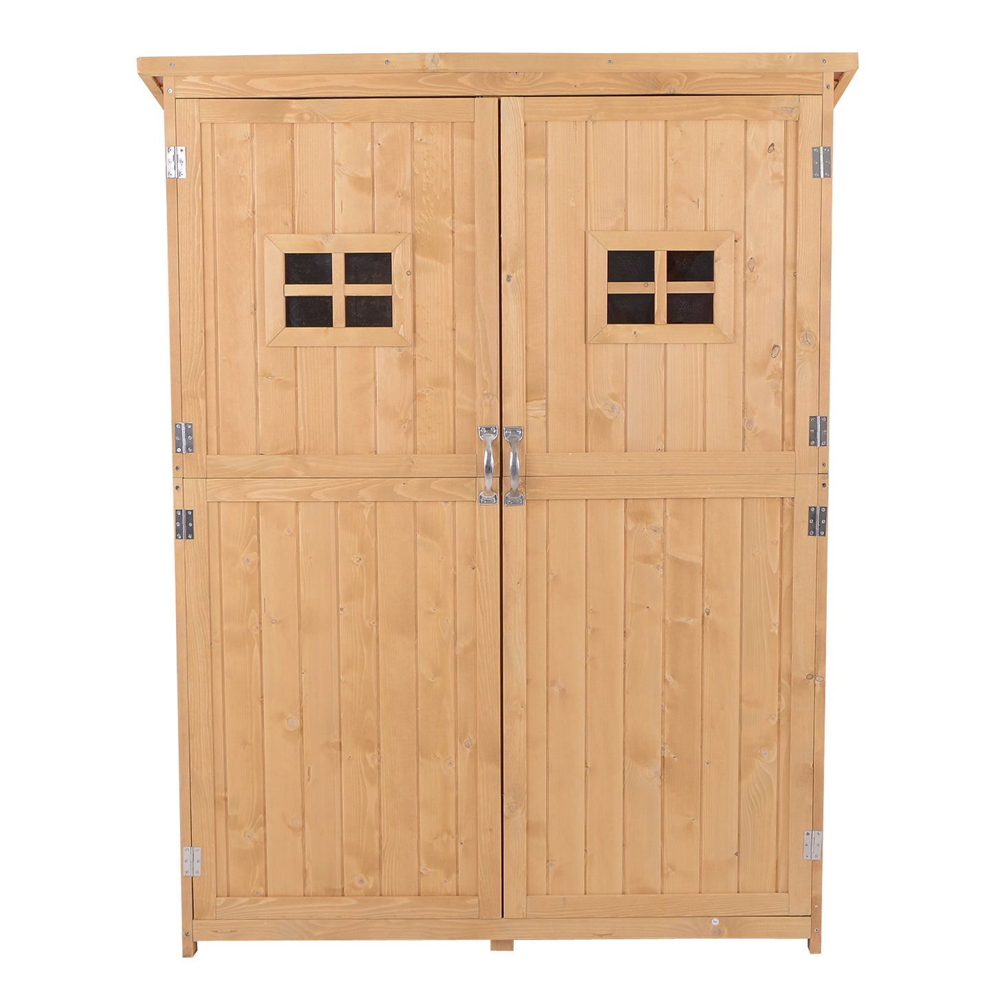 Drewniana szopa ogrodowa Outsunny z dwoma oknami, szafka na narzędzia, organizer zewnętrzny z podwójnymi drzwiami, 127,5 dł. x 50 szer. x 164 wys. cm, kolor naturalny