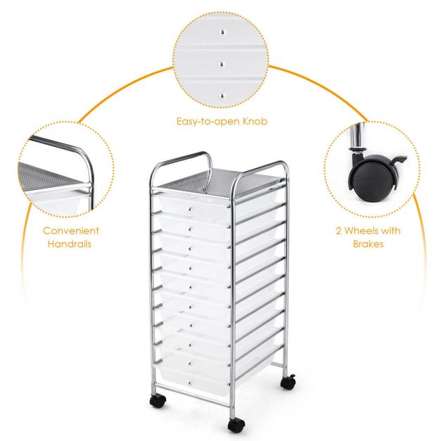 10 Drawers Mobile Storage Trolley with 4 Wheels for Beauty-White