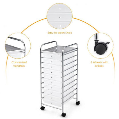 10 Drawers Mobile Storage Trolley with 4 Wheels for Beauty-White