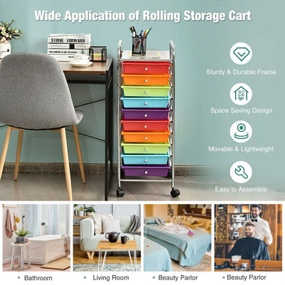 10 Drawers Mobile Storage Trolley with 4 Wheels for Beauty