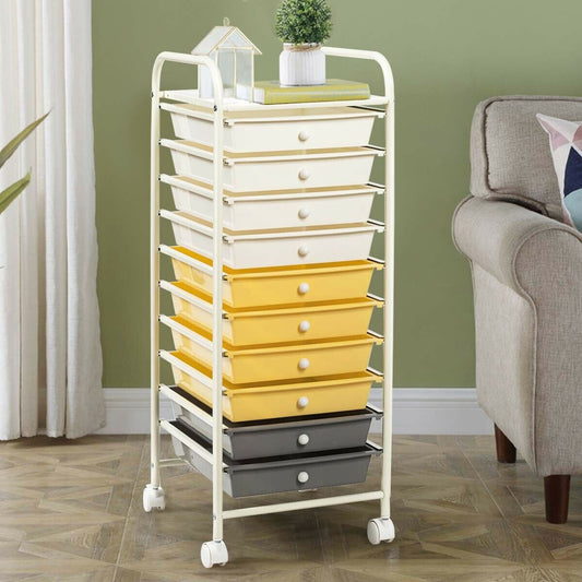 10 Drawers Mobile Storage Trolley with 4 Wheels for Beauty-Yellow