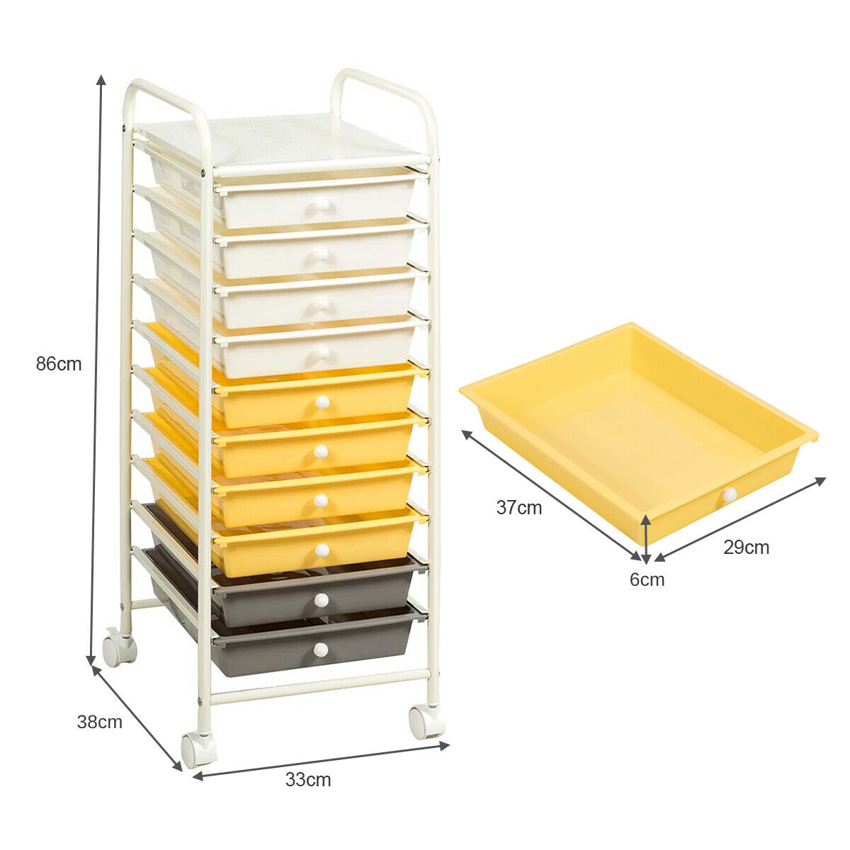 10 Drawers Mobile Storage Trolley with 4 Wheels for Beauty-Yellow