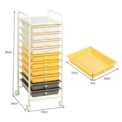 10 Drawers Mobile Storage Trolley with 4 Wheels for Beauty-Yellow