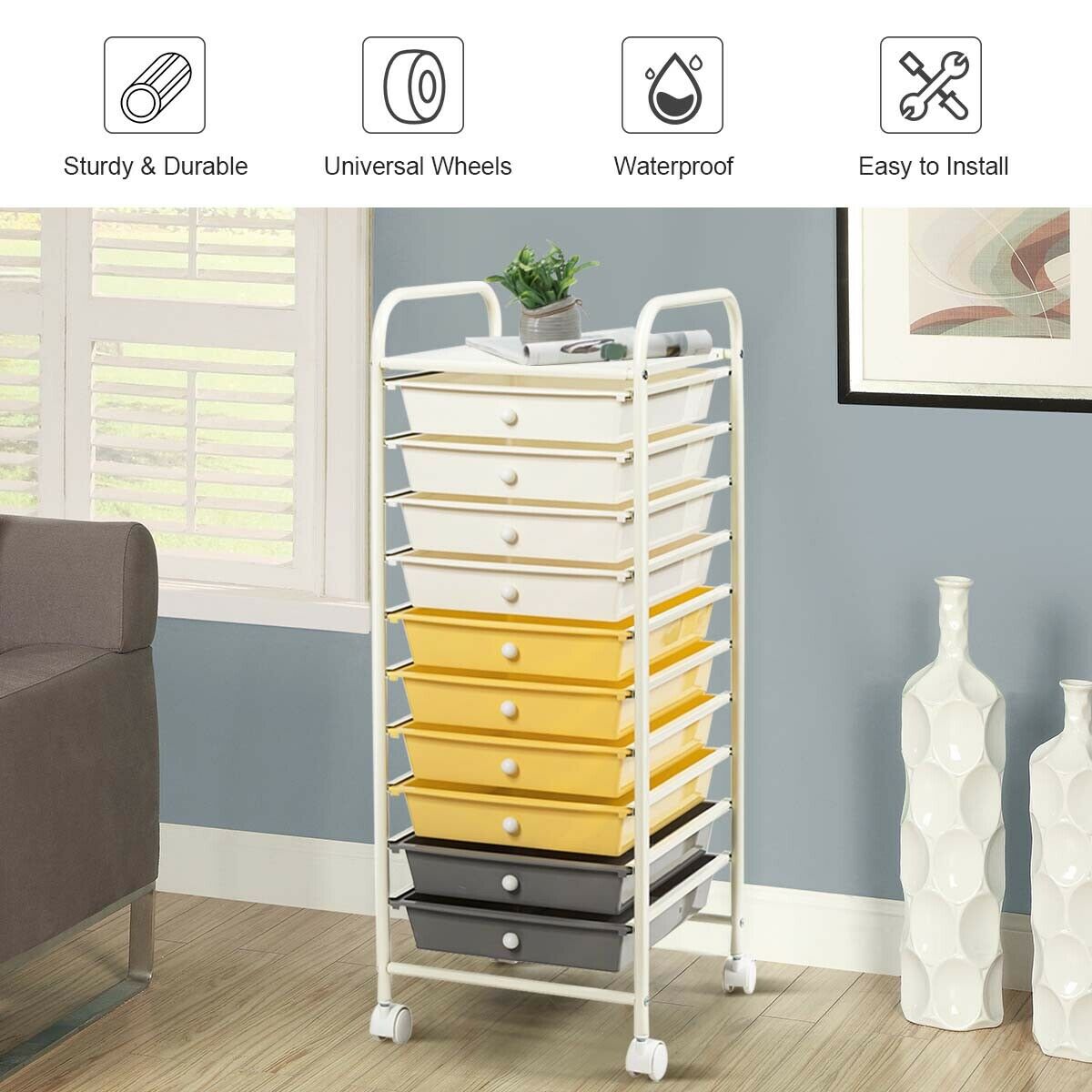 10 Drawers Mobile Storage Trolley with 4 Wheels for Beauty-Yellow