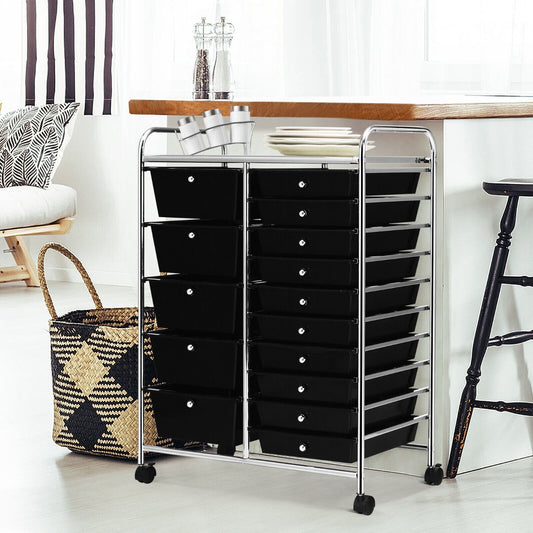 15 Drawer Rolling Storage Cart with 4 Wheels for Beauty Salon-Black