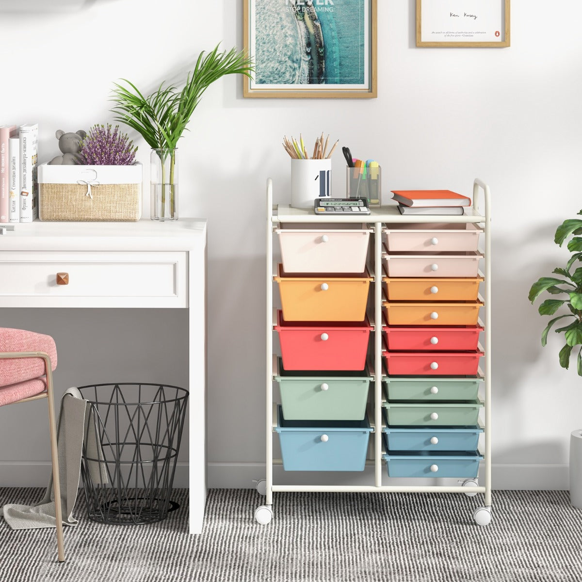 15 Drawer Rolling Storage Cart with 4 Wheels for Beauty Salon-Colourful