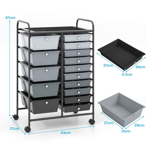 15 Drawer Rolling Storage Cart with 4 Wheels for Beauty Salon-Gradient Black With Black Frame