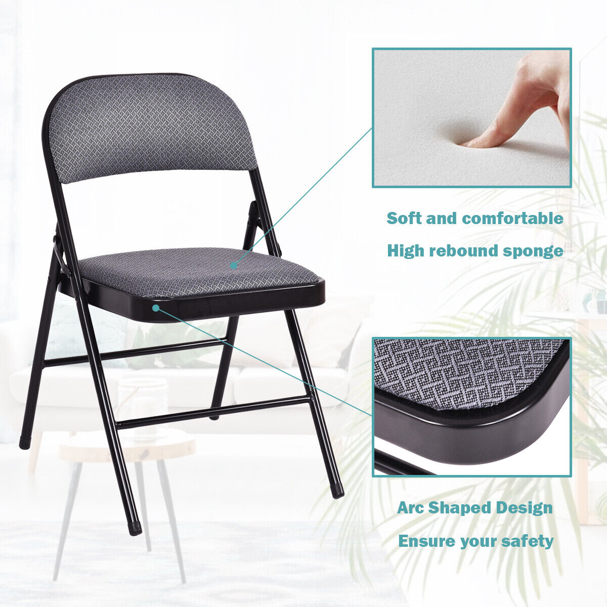 Set of 4 Folding Fabric Padded Chairs with Sponge Seat and Backrest-Grey
