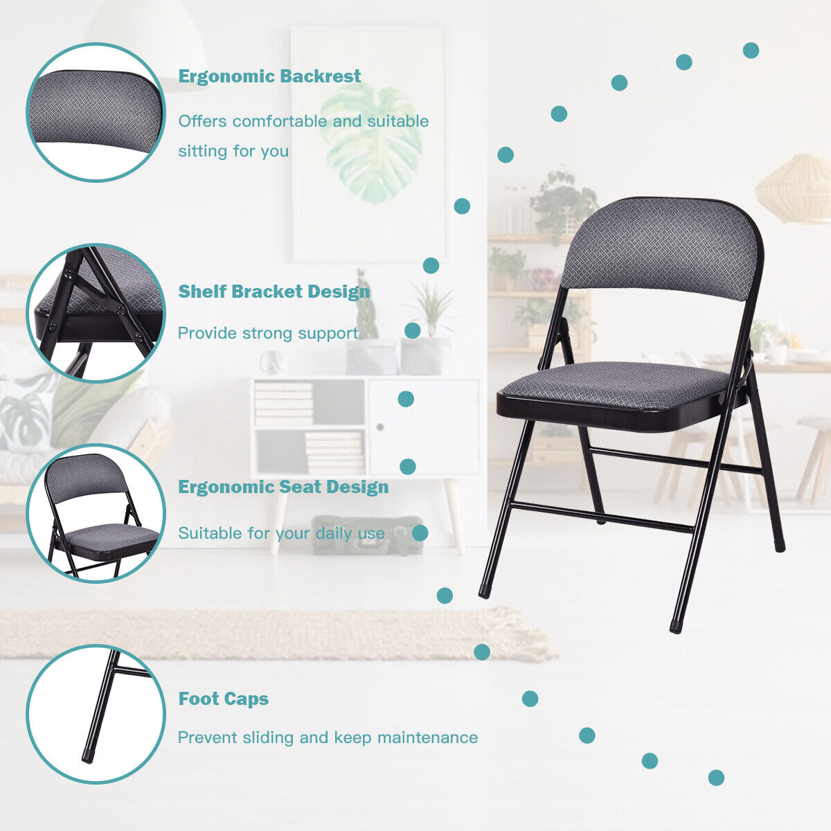 Set of 4 Folding Fabric Padded Chairs with Sponge Seat and Backrest-Grey