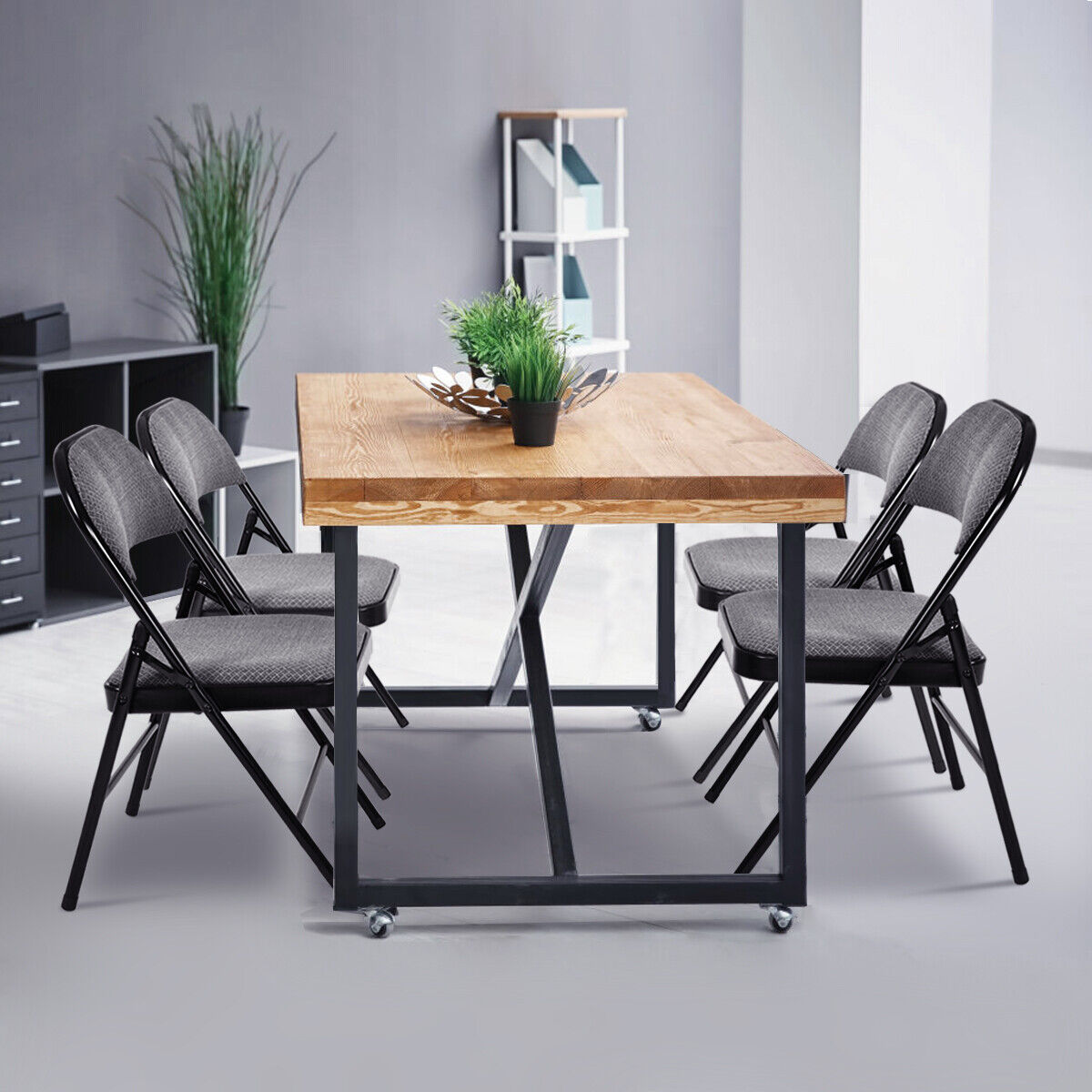 Set of 4 Folding Fabric Padded Chairs with Sponge Seat and Backrest-Grey