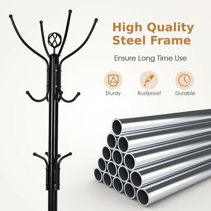Modern Freestanding Metal Coat Stand with 12 Hooks for Bedroom Entryway-4-Leg Base