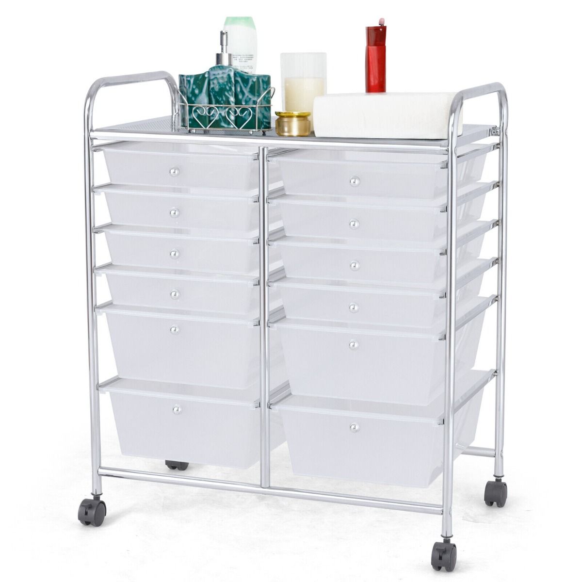 12 Drawers Rolling Storage Cart with 4 Wheels and Brakes-Clear