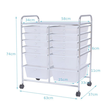 12 Drawers Rolling Storage Cart with 4 Wheels and Brakes-Clear