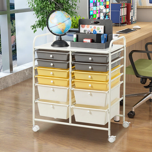 12 Drawers Rolling Storage Cart with 4 Wheels and Brakes-Yellow