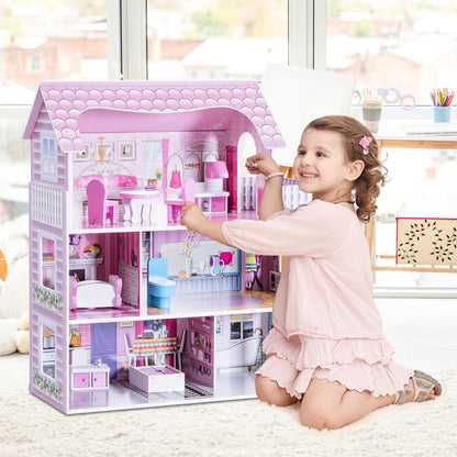 Large Wooden Dollhouse with Complete Accessories and Furniture for Kids