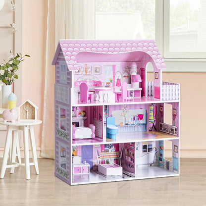Large Wooden Dollhouse with Complete Accessories and Furniture for Kids