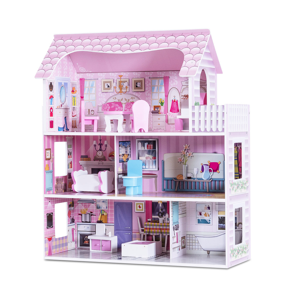 Large Wooden Dollhouse with Complete Accessories and Furniture for Kids