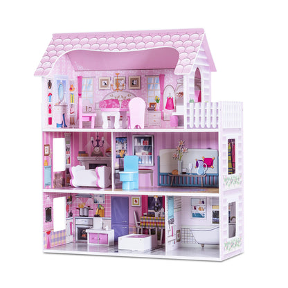Large Wooden Dollhouse with Complete Accessories and Furniture for Kids