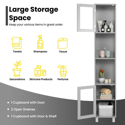 Freestanding Slim Wooden Bathroom Cabinet with Tempered Glass Doors-Grey
