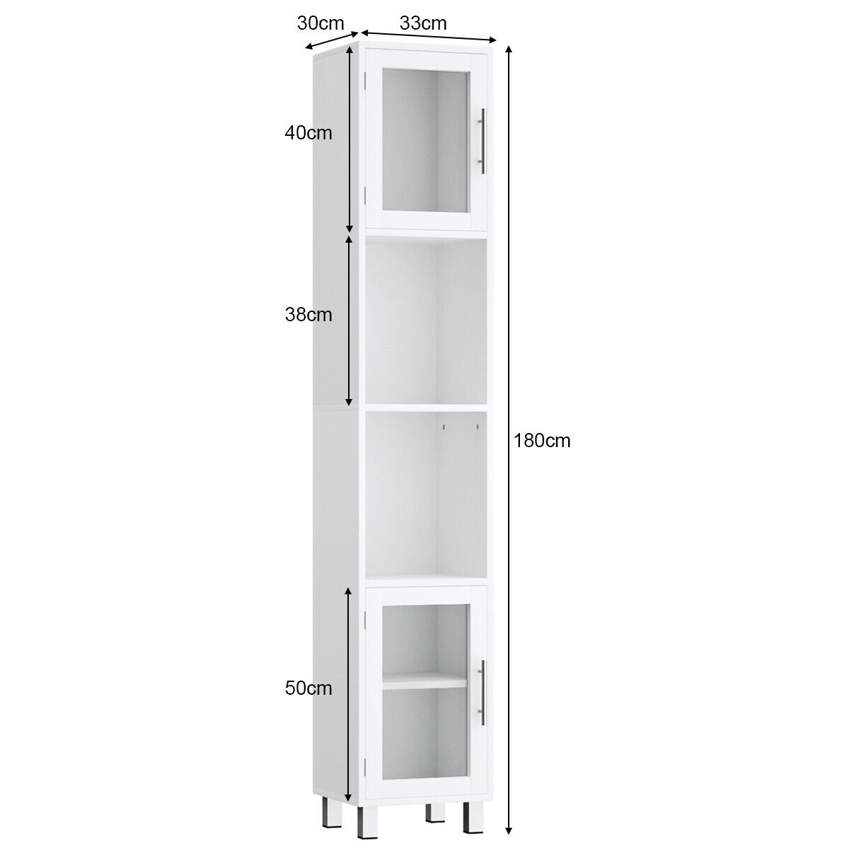 Freestanding Slim Wooden Bathroom Cabinet with Tempered Glass Doors-White