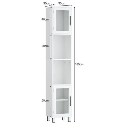 Freestanding Slim Wooden Bathroom Cabinet with Tempered Glass Doors-White